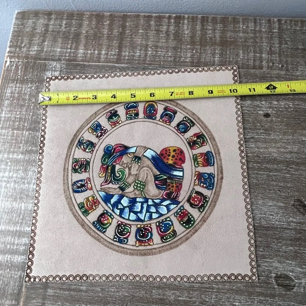 Vintage Mayan Hand Painted Calendar on Suede Signed Mexico Tribal Art Decor